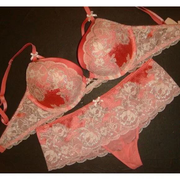 Victoria's Secret 32D,32DDD BRA SET S thongs ORANGE SILVER WHITE SEXY SEDUCTION
